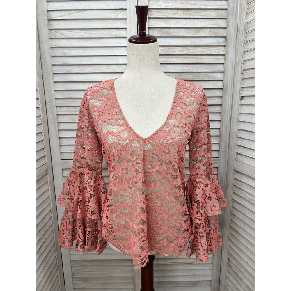 Alexis Lace V-Neck Tiered Bell Sleeve Top XS Coral Pink Boho Coquette Resort